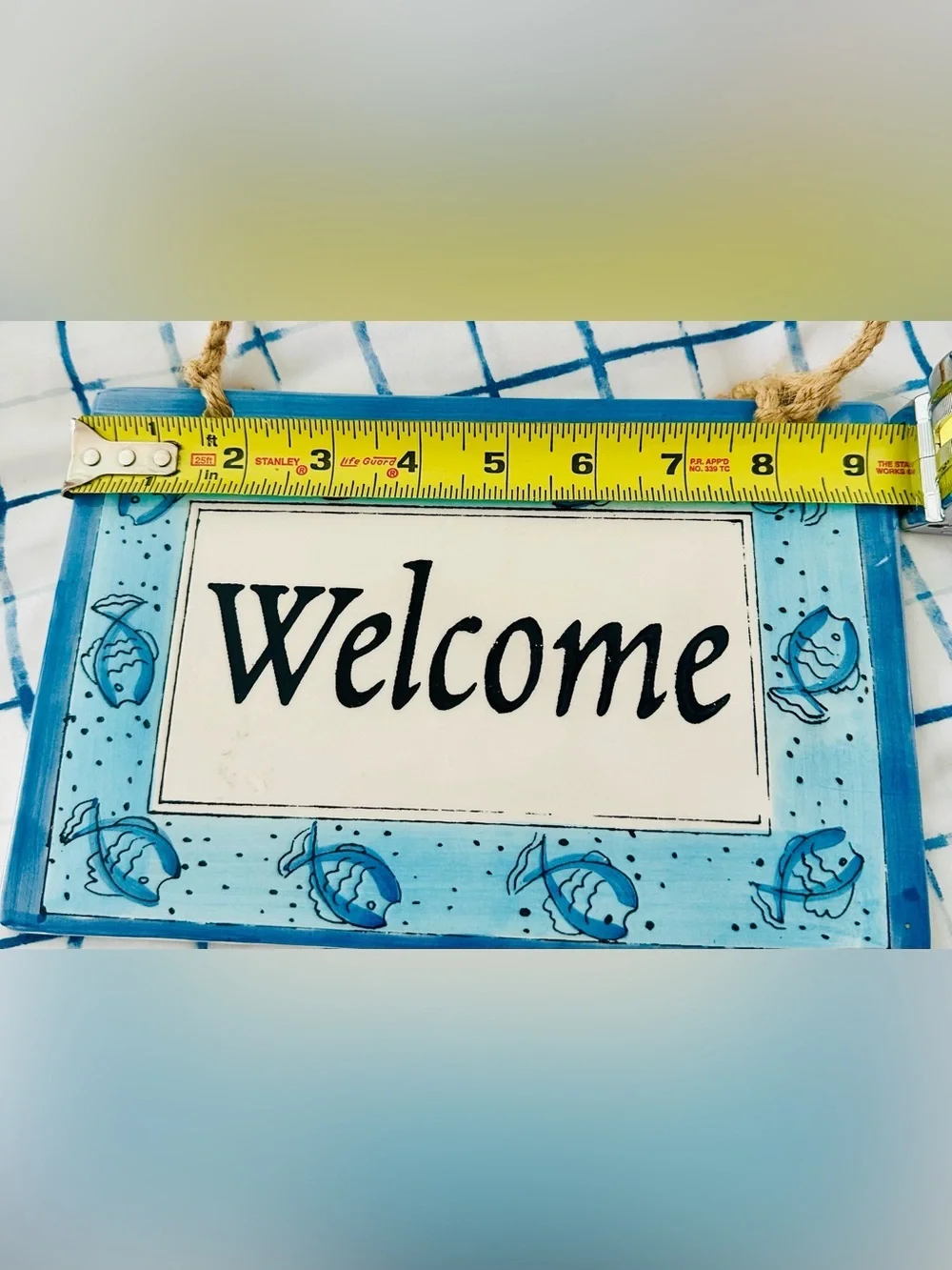 Ceramic Welcome Hanging Sign in Light Blue and Navy 🐠🐚🩵🐟